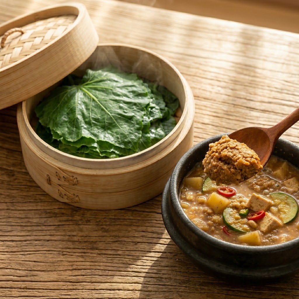 찜기에서 5분간 부드럽게 쪄낸 초록색 호박잎과 걸쭉하게 완성된 된장찌개를 곁들여 먹기 좋게 차려낸 모습