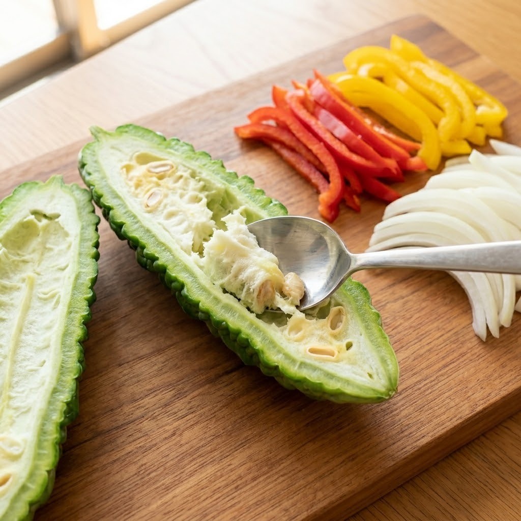 쓴맛을 없애기 위해 여주 속을 파내고 파프리카와 양파를 채 써는 재료 손질 과정