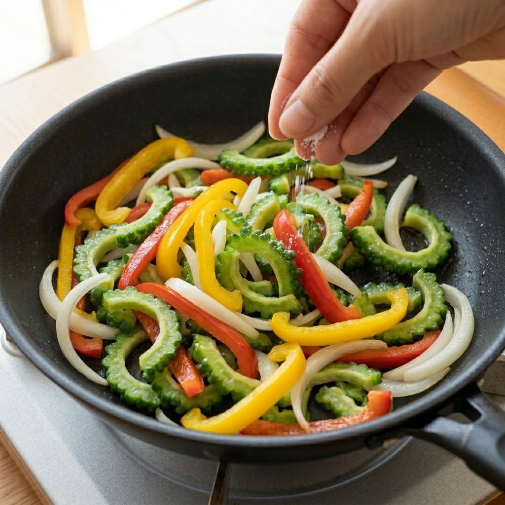 여주 야채볶음에 스테비아를 넣어 건강한 단맛을 더하고 감칠맛을 올리는 마무리 단계