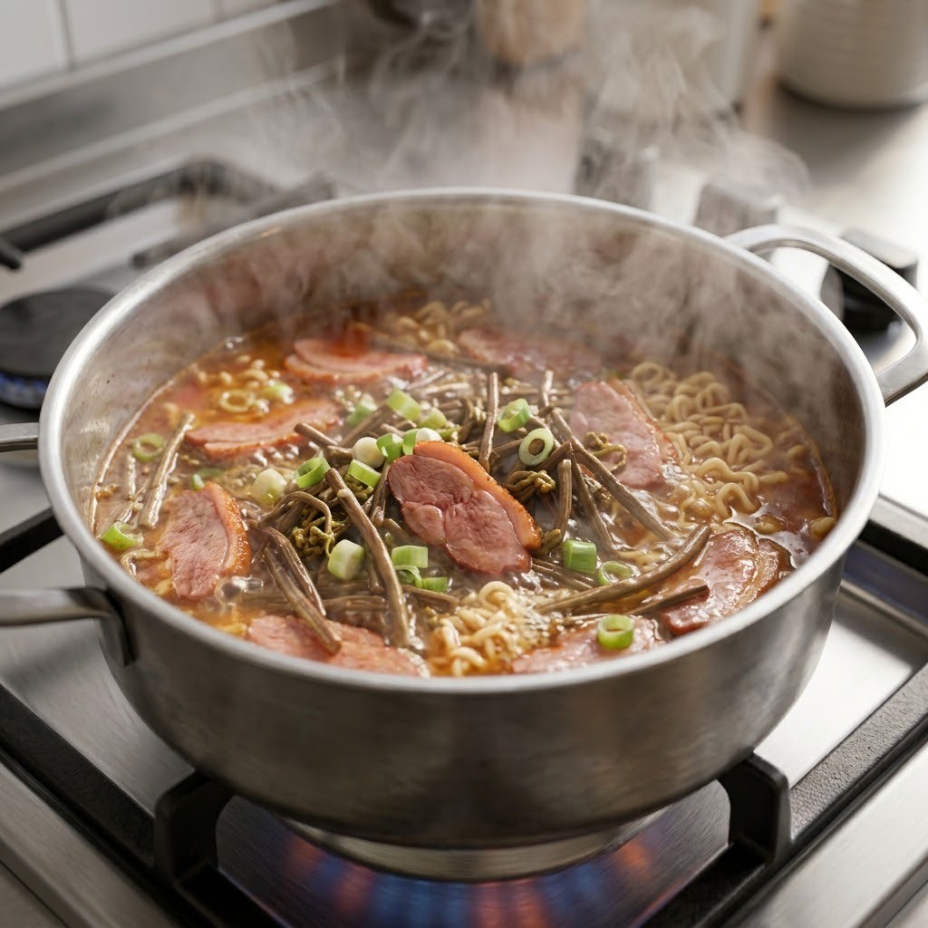 오리고사리라면 끓이는 과정 - 볶은 재료에 물을 붓고 라면과 분말 스프를 넣어 끓이기
