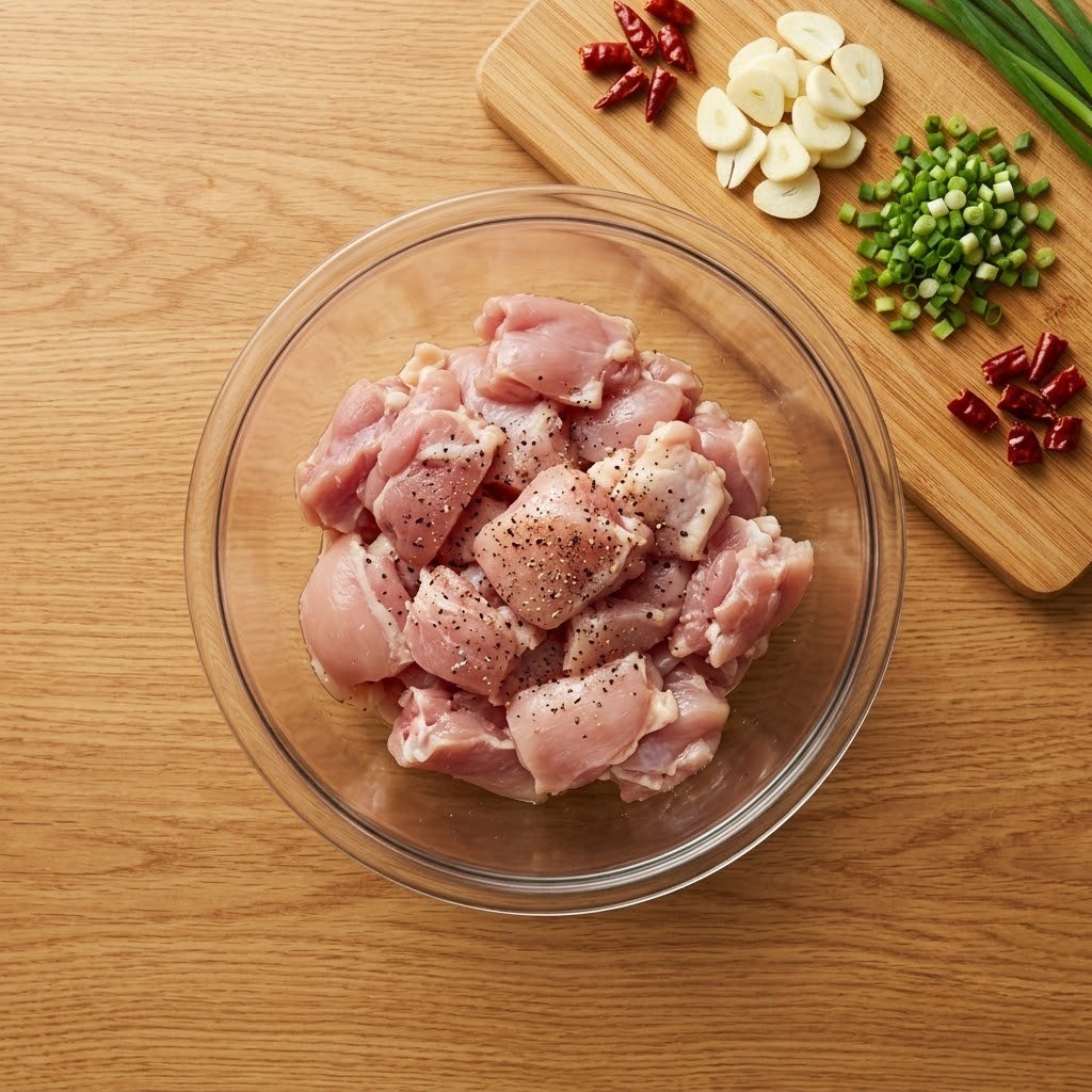 닭다리살, 대파, 마늘 등 간장닭갈비볶음면 재료 손질 및 밑간하는 방법
