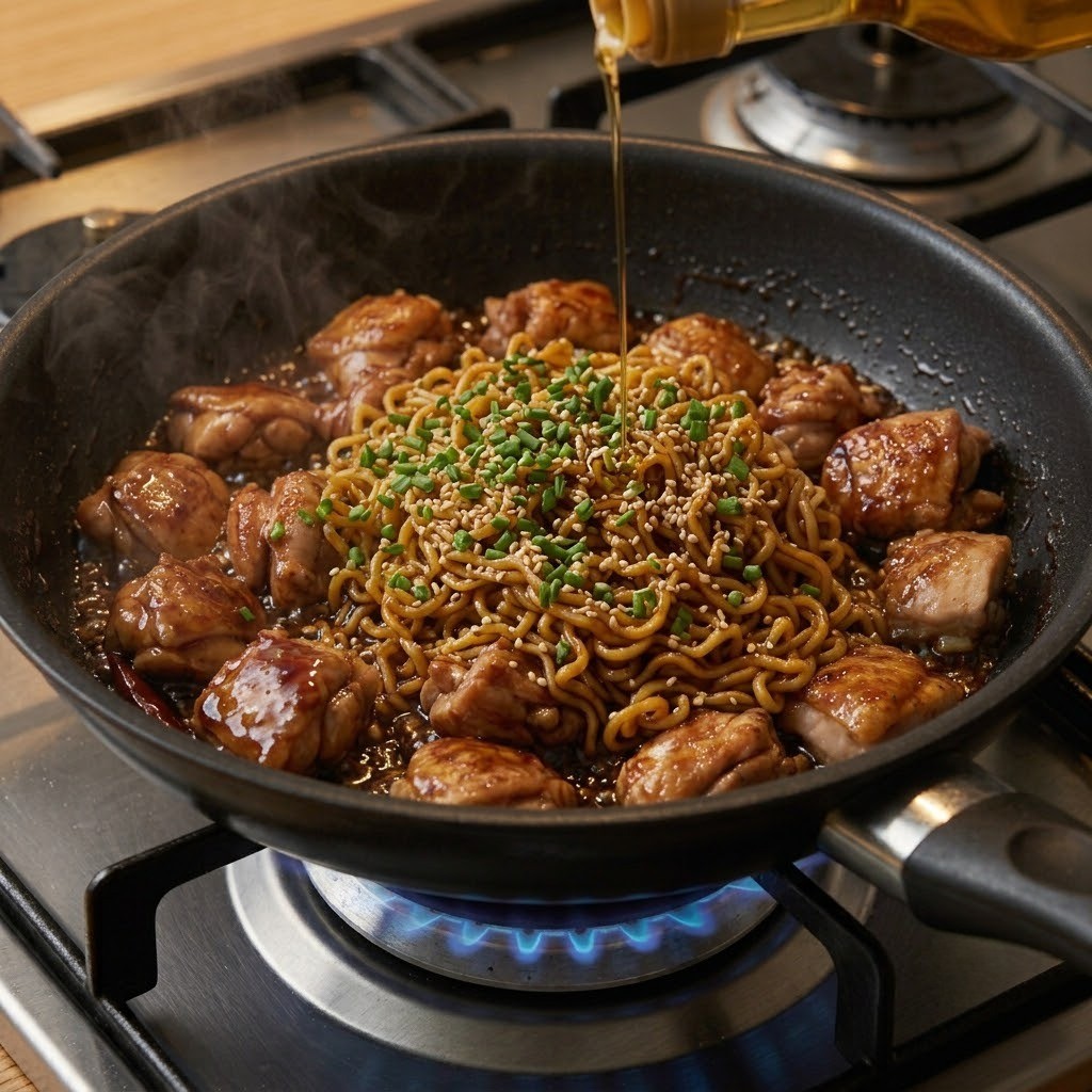 삶은 라면 사리를 닭고기 볶음 팬에 넣고 올리고당과 함께 볶는 단계