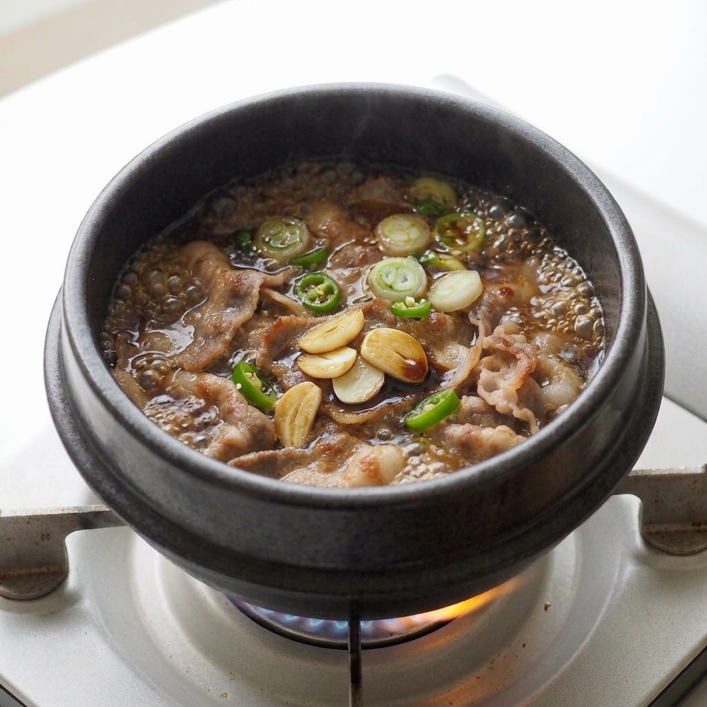 물과 대파 고추 넣고 끓이기, 뚝배기 불고기 만들기 4단계 편스토랑 류수영 레시피