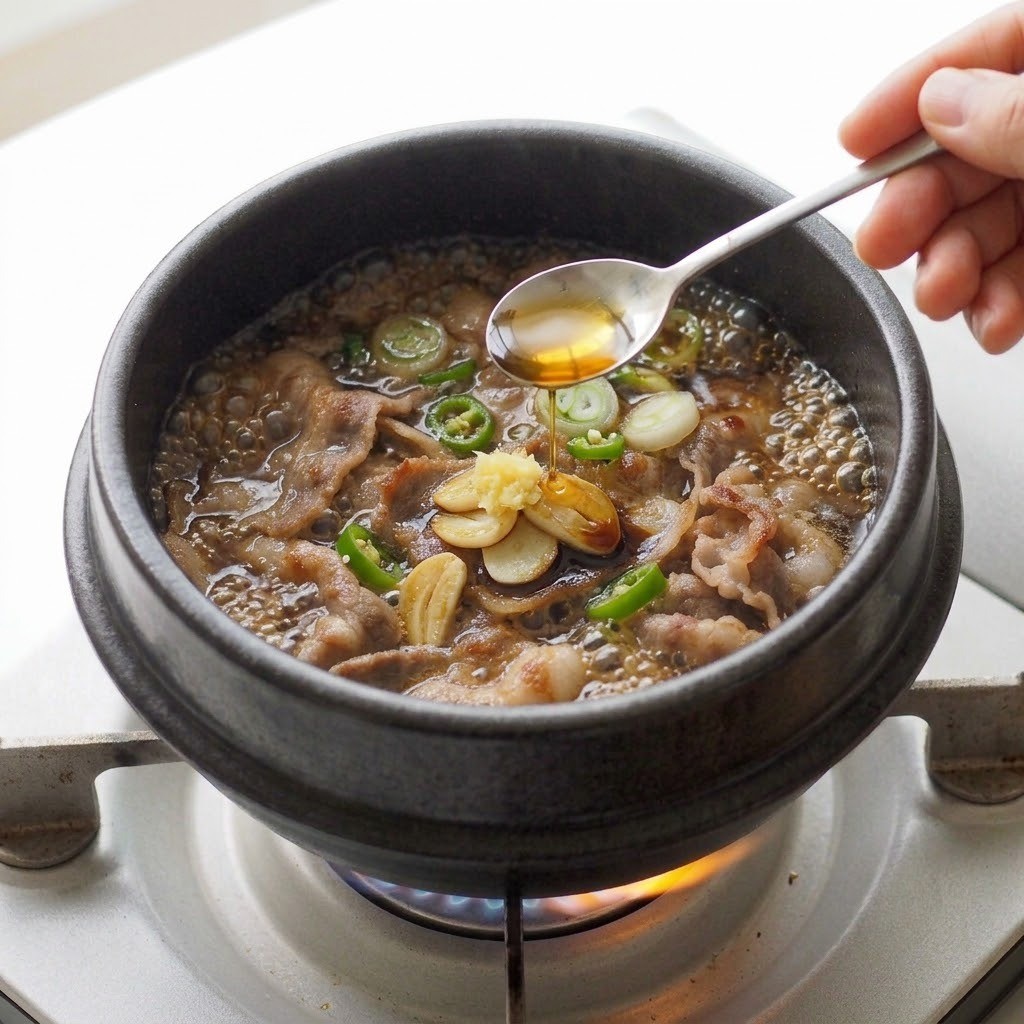 생강과 참기름으로 마무리하기, 뚝배기 불고기 만들기 5단계 편스토랑 류수영 레시피