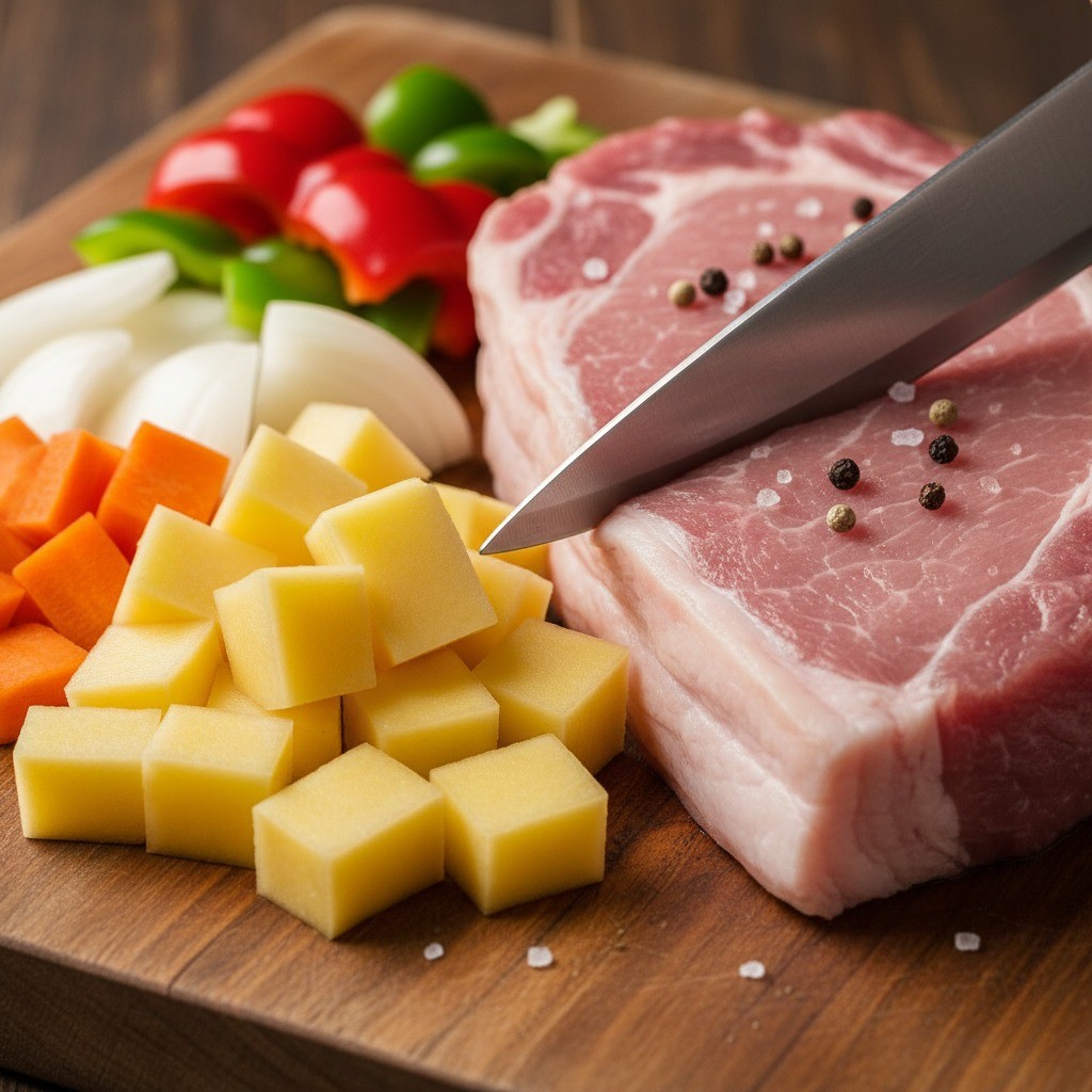 목살 심줄 끊기와 채소 깍둑썰기