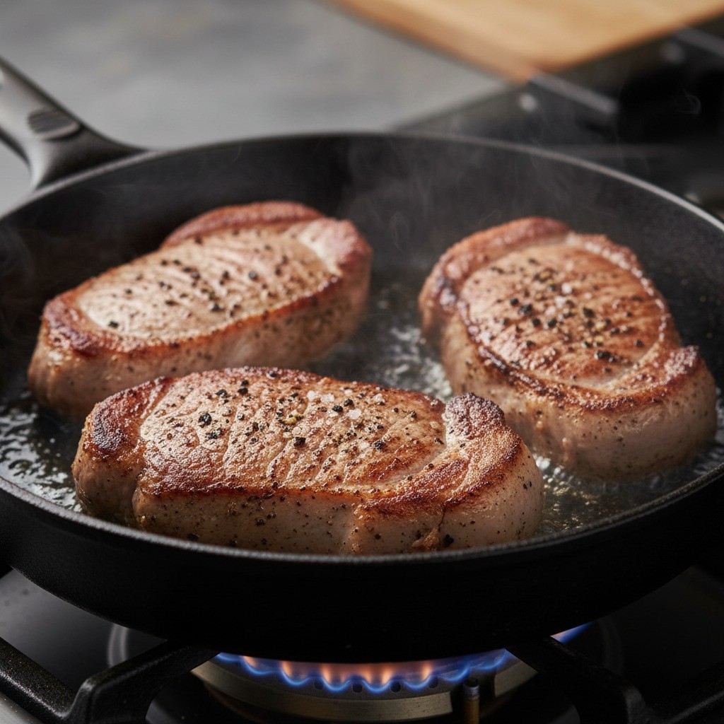 목살을 팬에 진하게 굽는 모습