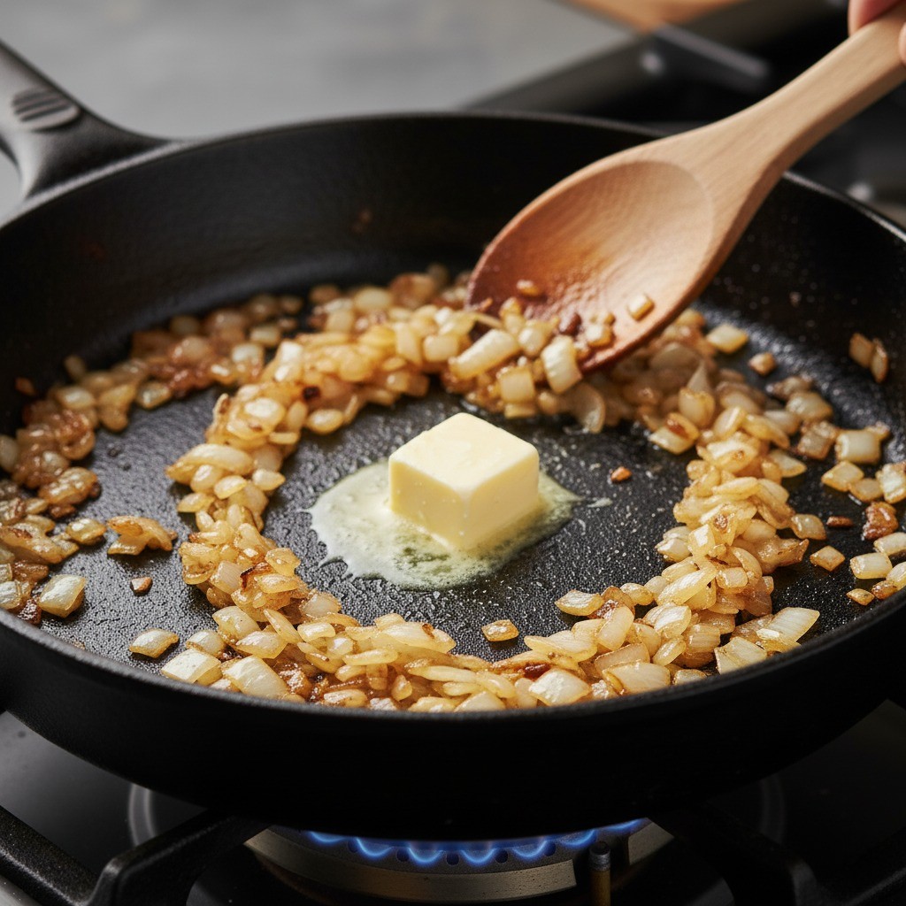 양파를 갈색으로 볶는 과정