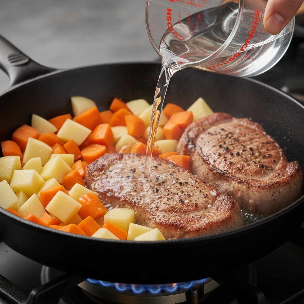 볶은 채소와 고기에 물을 붓는 모습