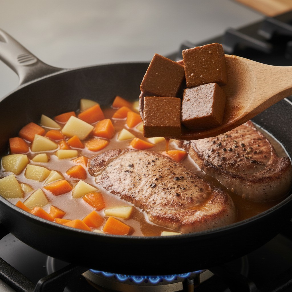 밥 위에 완성된 목살 카레를 붓는 모습