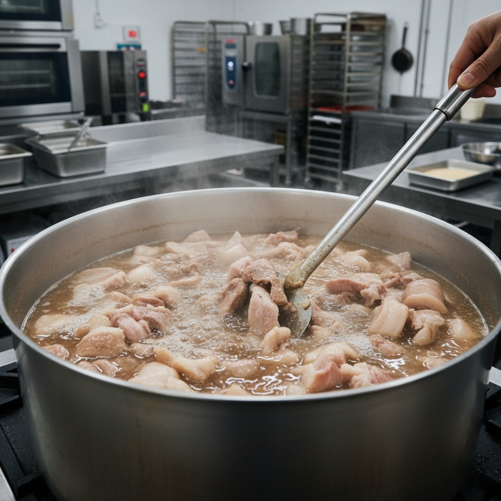 큰 솥에 물, 설탕, 물엿, 돼지고기 넣고 풀기