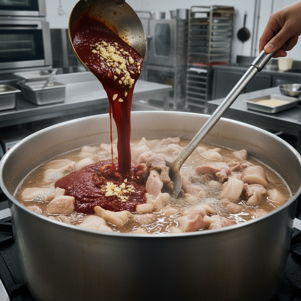 익힌 고기에 다진마늘, 간장, 고추장 넣기