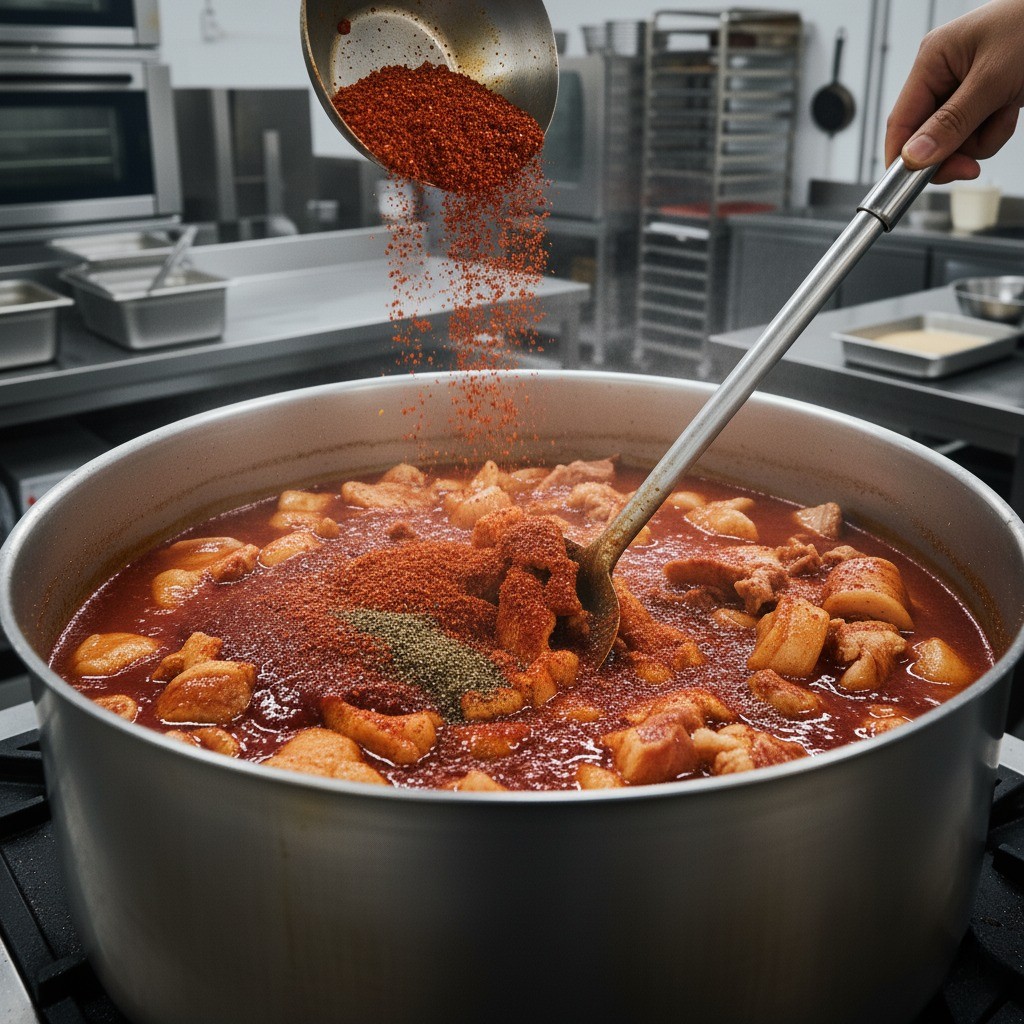 제육볶음 베이스에 고춧가루와 후추 넣고 섞기