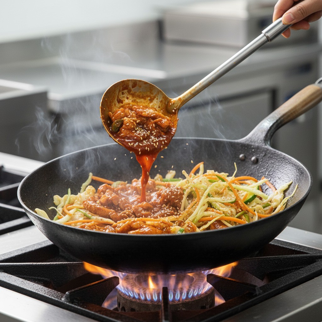 볶은 채소에 제육볶음 베이스 넣고 함께 볶기