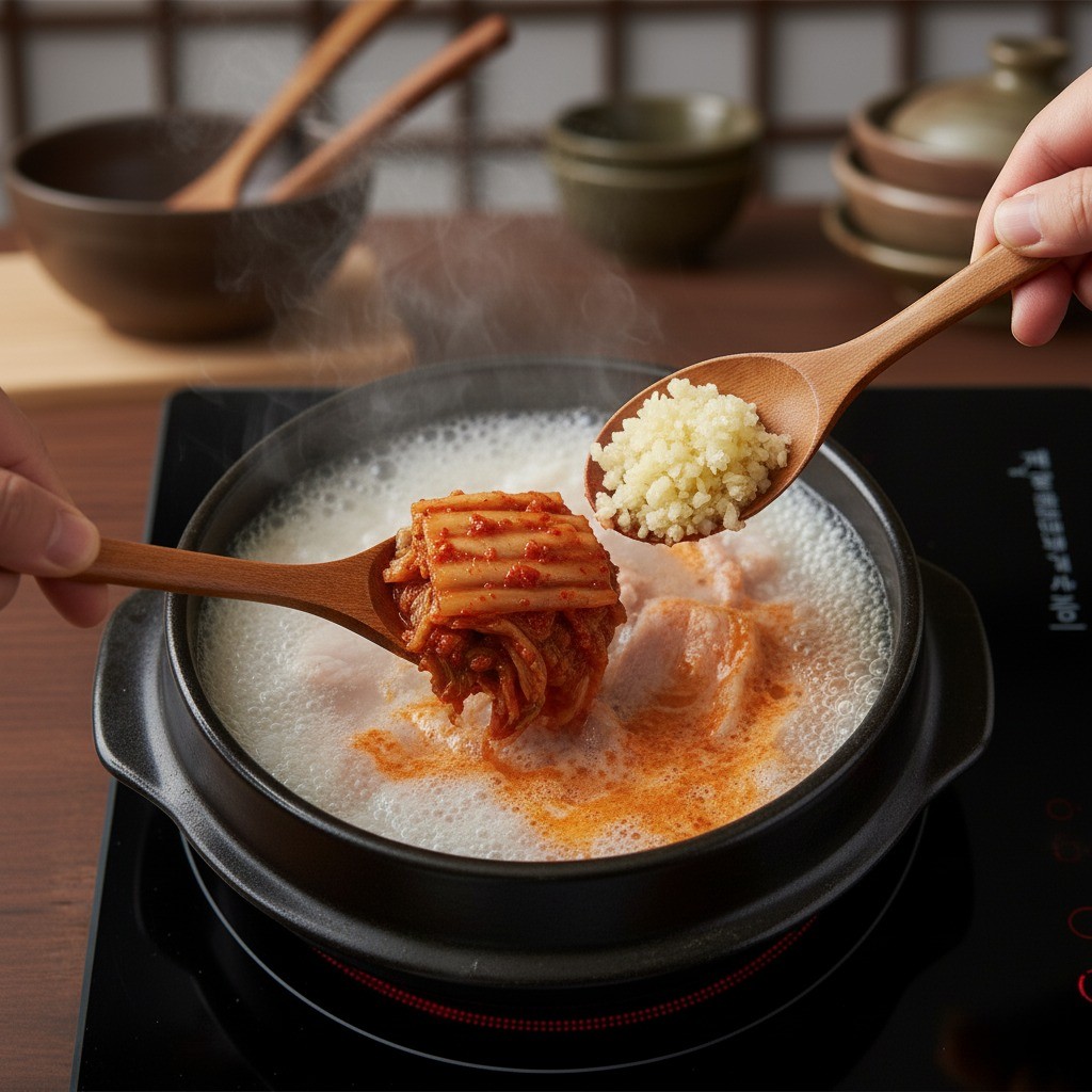 신김치와 마늘 넣기