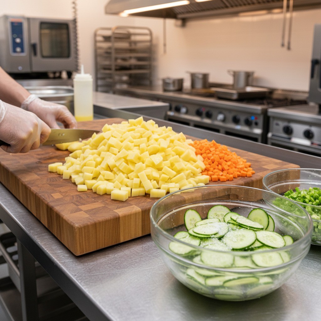 감자와 당근을 깍둑썰기 하는 모습