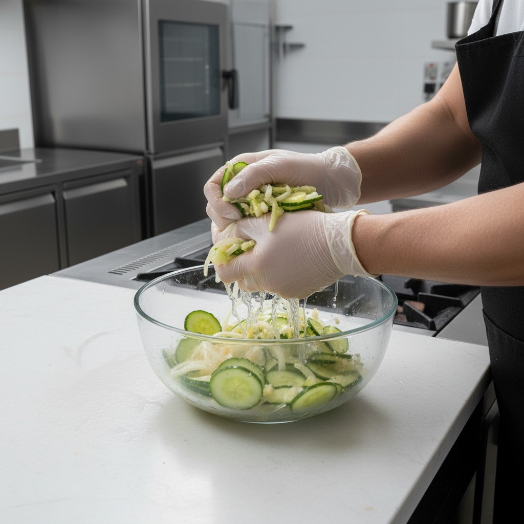 삶은 감자를 식히고, 절인 오이 물기를 짜는 모습