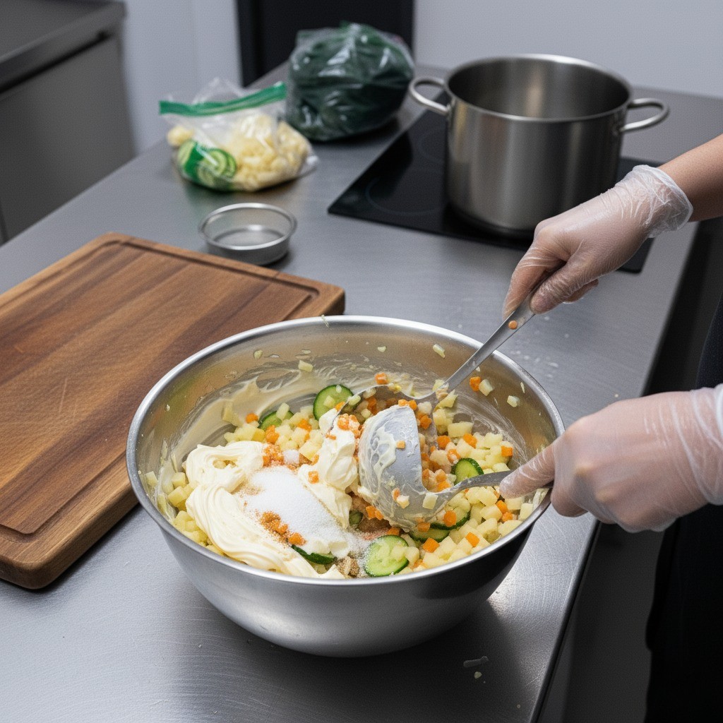큰 볼에 모든 재료와 마요네즈, 양념을 넣고 버무리는 모습