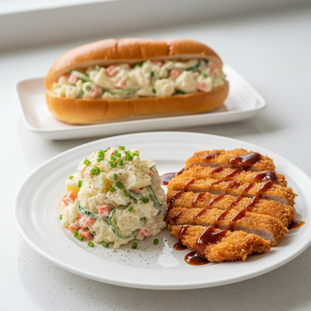 완성된 감자사라다를 빵에 넣는 모습 (사라다빵)