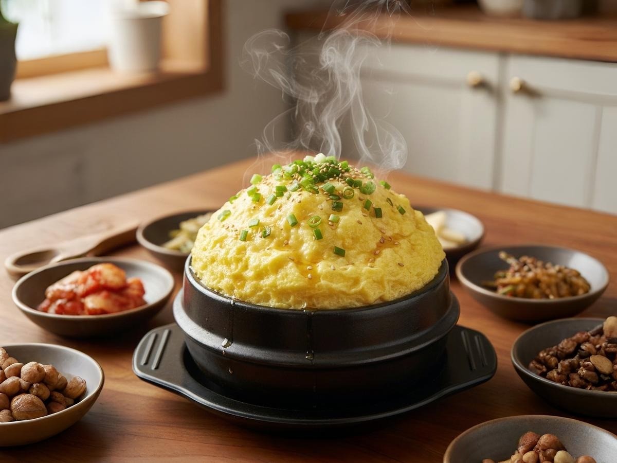 김이 모락모락 나는 완성된 뚝배기 계란찜