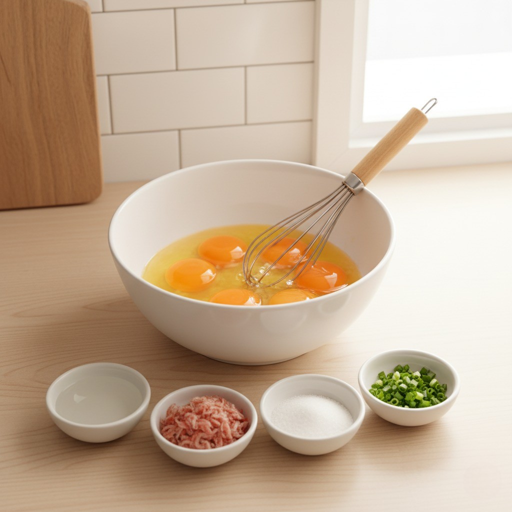 믹싱볼에 계란과 물, 양념을 넣고 섞는 모습