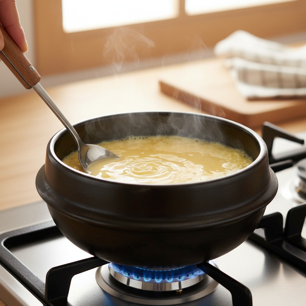 뚝배기에 담긴 계란물을 숟가락으로 저어주는 모습