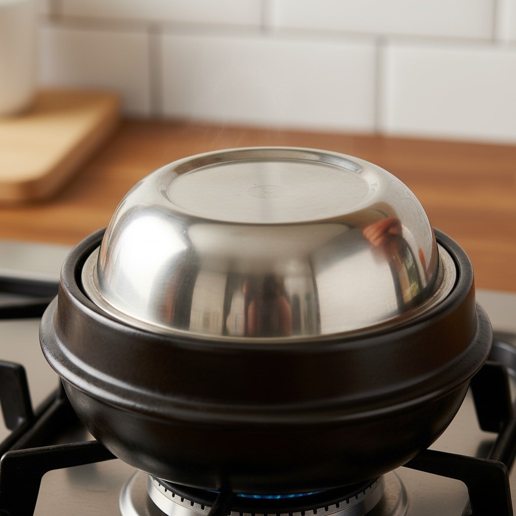 뚝배기에 밥공기 뚜껑을 덮은 모습