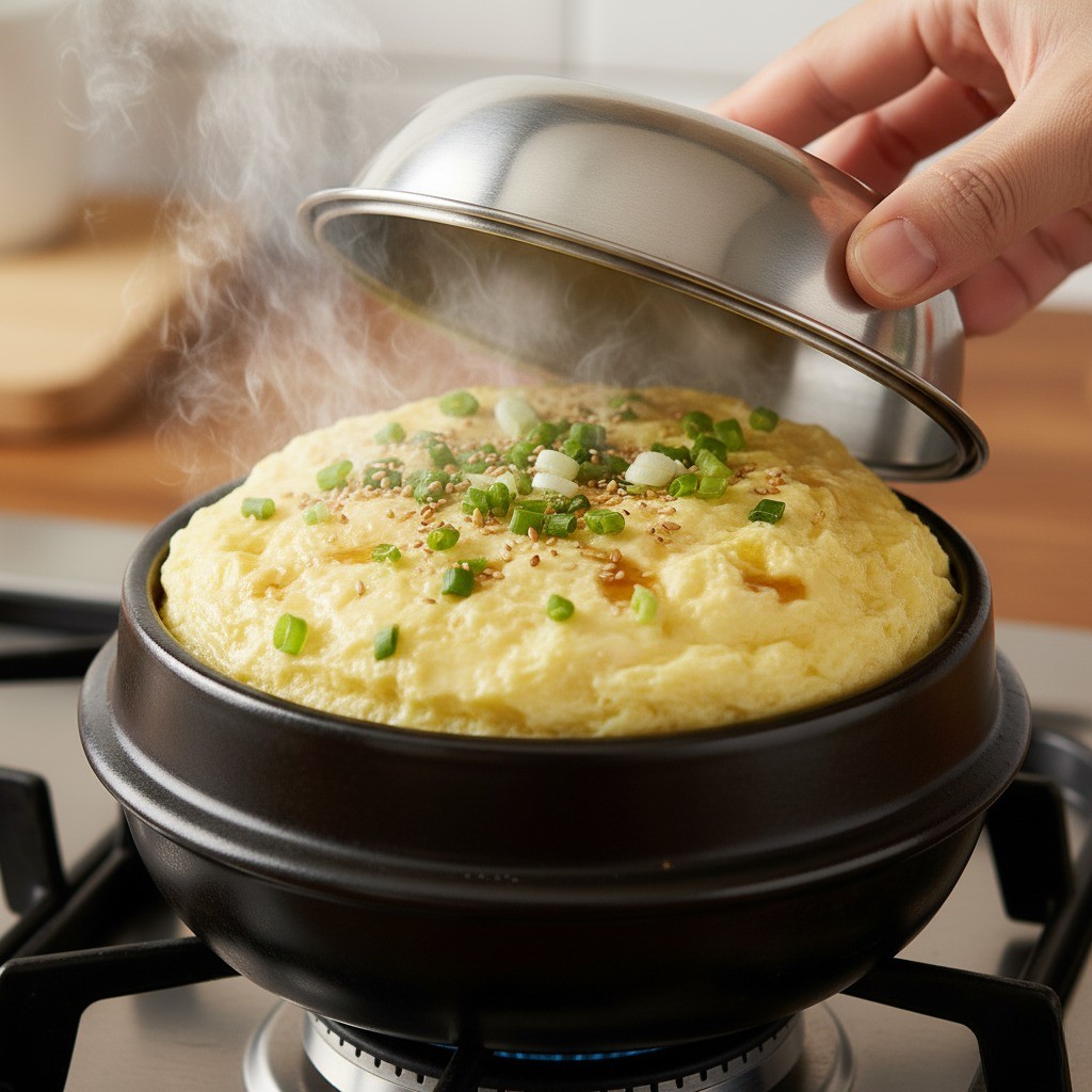 완성된 폭탄 계란찜에 대파와 깨를 뿌리는 모습