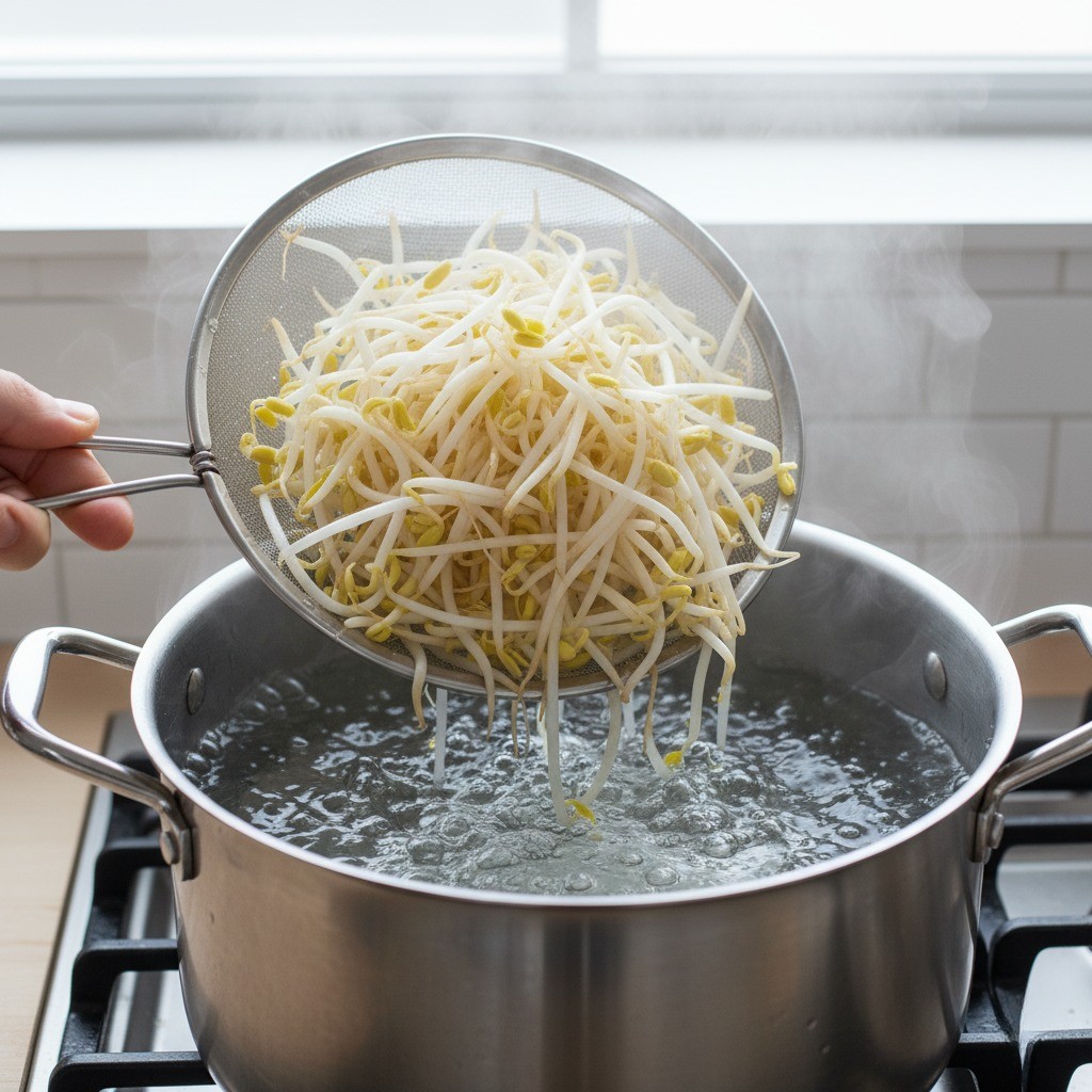 끓는 물에 콩나물을 데치는 장면