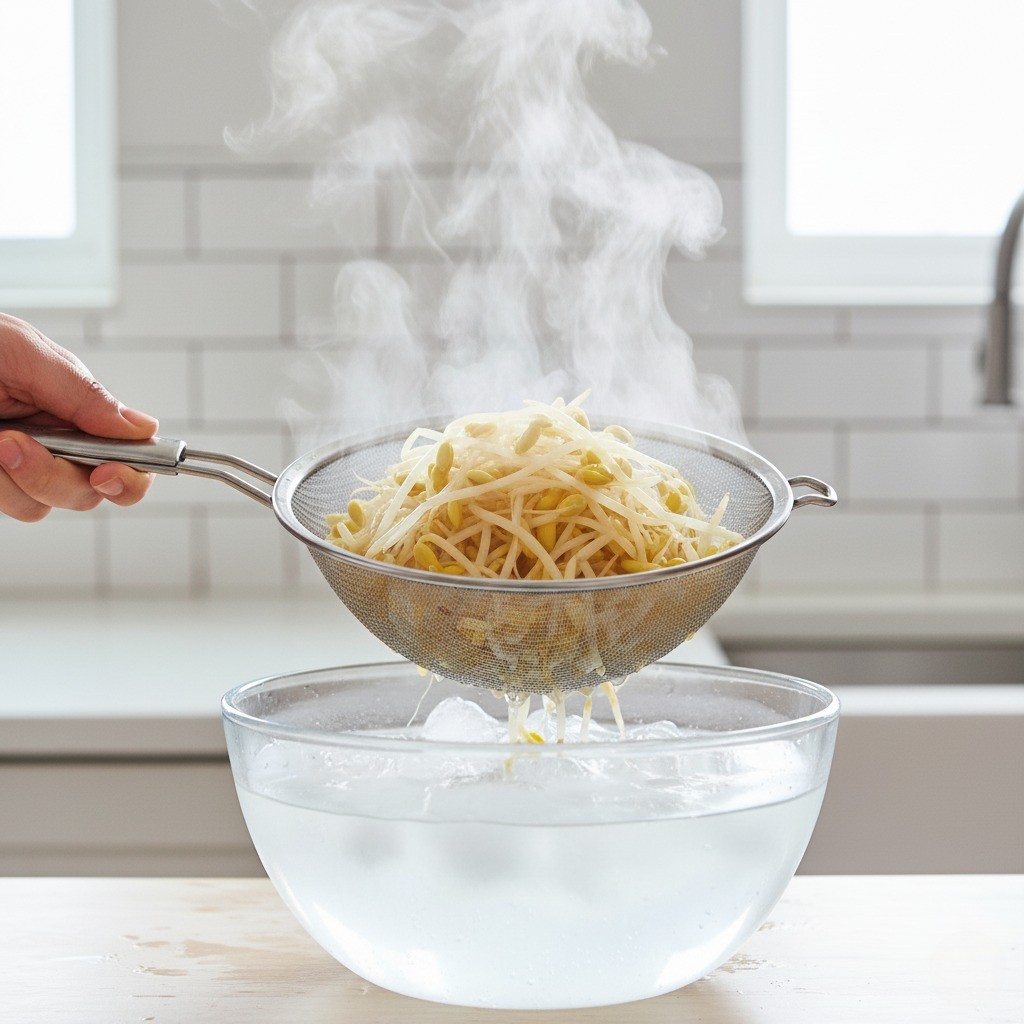 데친 콩나물을 얼음물에 담가 식히는 모습