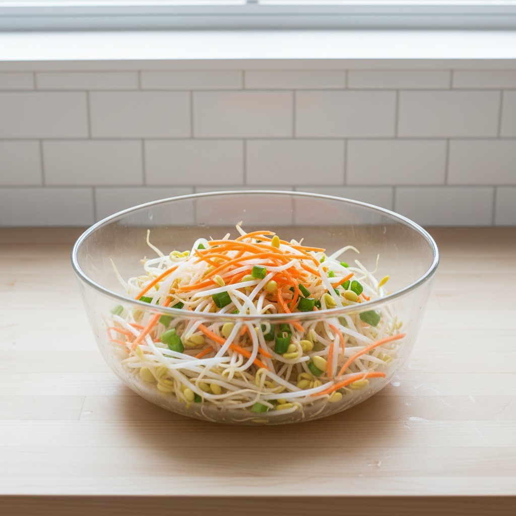 채반에서 콩나물 물기를 터는 모습