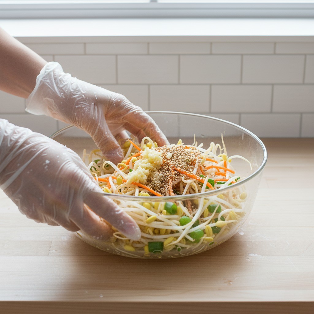 양념을 넣고 콩나물을 가볍게 무치는 손