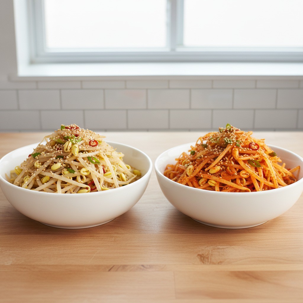 고춧가루를 넣어 빨갛게 무친 콩나물무침