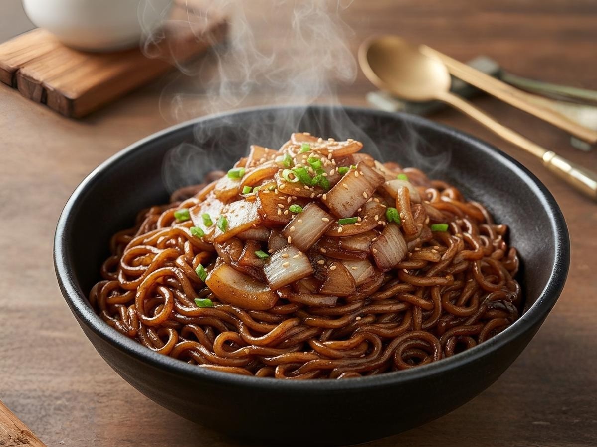 윤기나는 짜파게티 위에 볶은 양파가 듬뿍 올라간 양파게티 완성 이미지