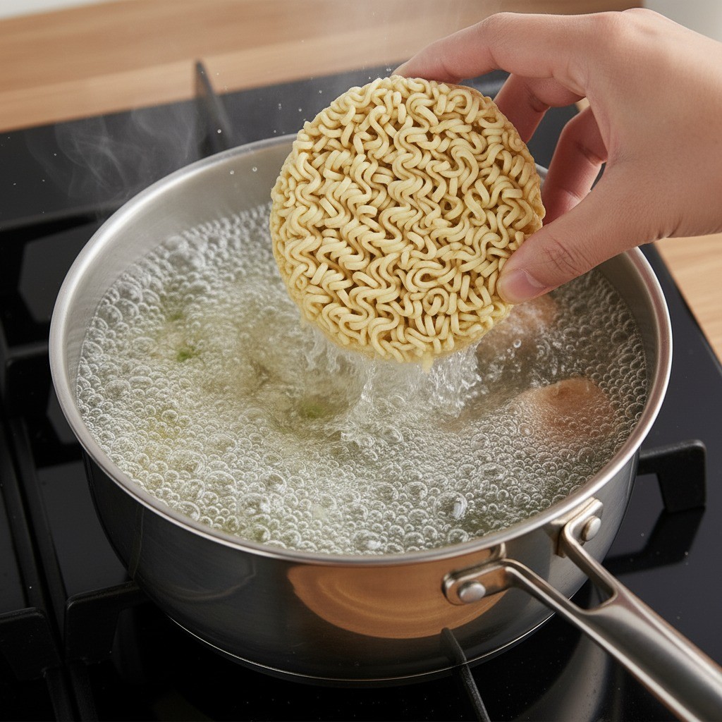 끓는 육수에 짜파게티 면을 넣고 익히는 과정