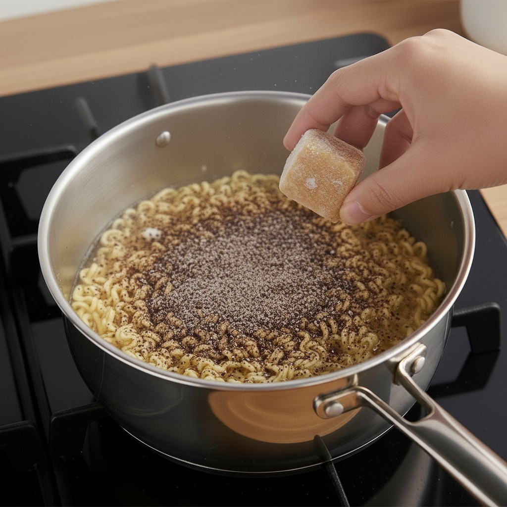 물을 따라낸 면에 스프와 양파 볶음을 추가로 넣고 비비는 모습