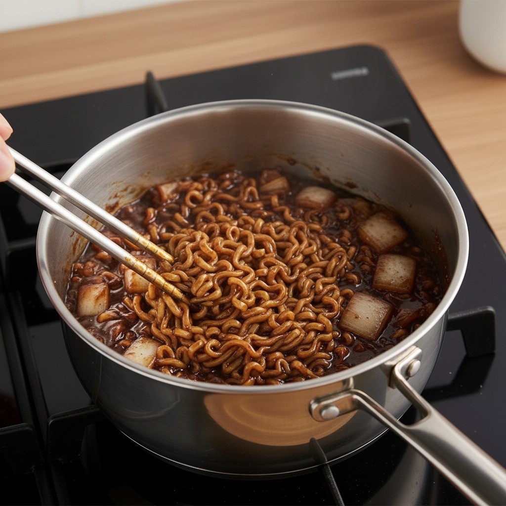 불 위에서 짜장 소스와 면, 양파가 자박하게 졸아들며 볶아지는 모습