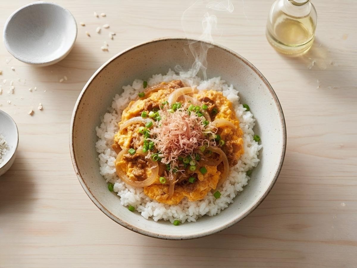 따끈한 밥 위에 올라간 먹음직스러운 만능양파 덮밥