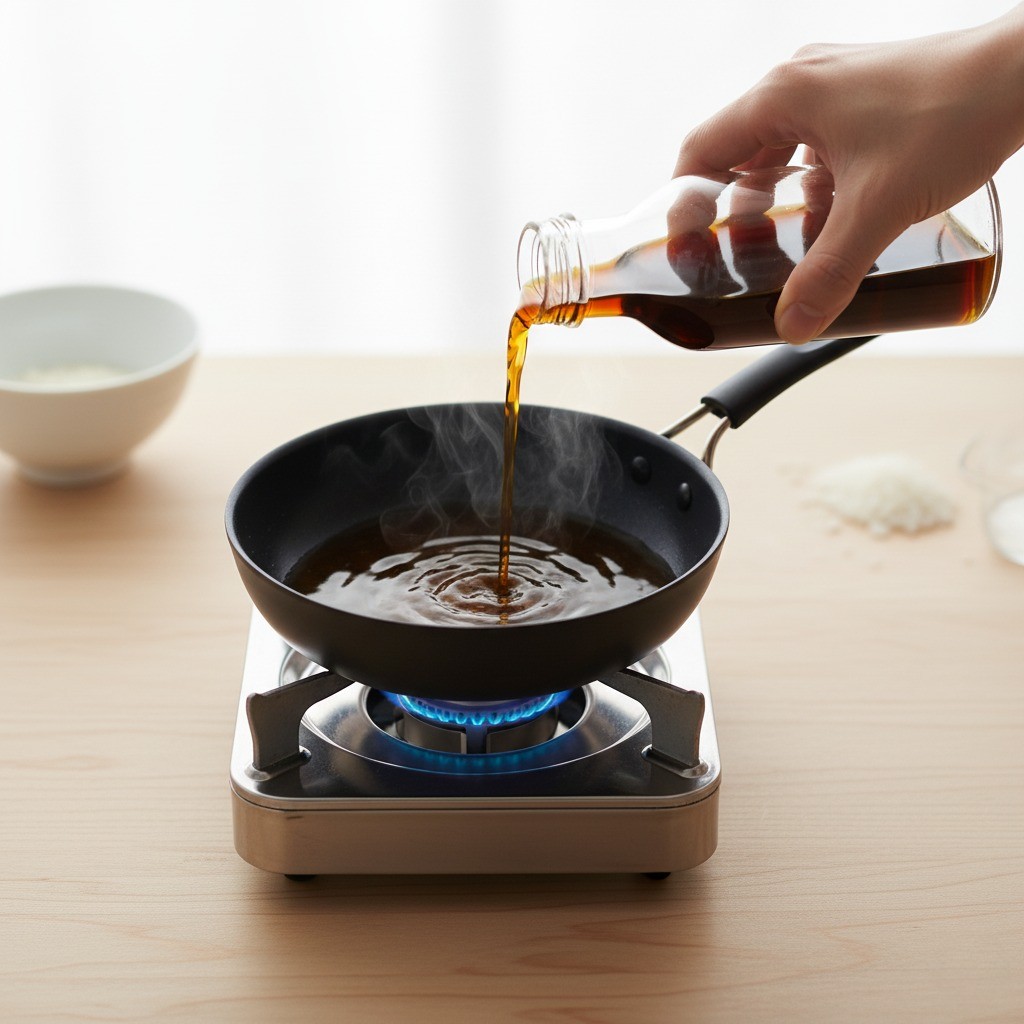 팬에 간장, 맛술, 물을 넣는 모습