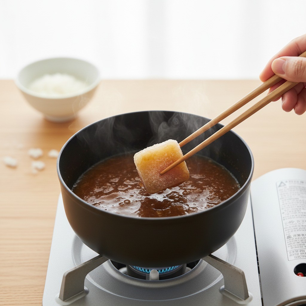 팬에 냉동 만능양파볶음 조각을 넣는 모습