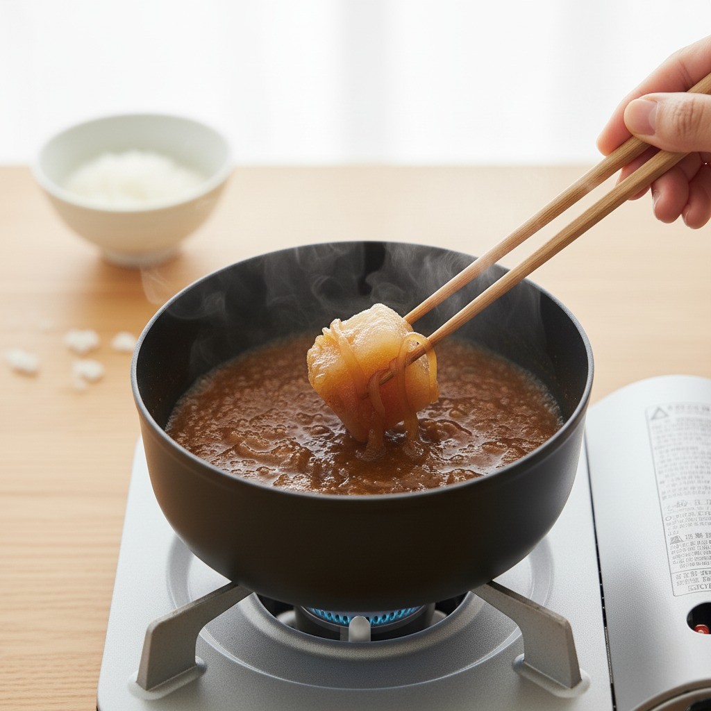 소스에 양파가 녹아들도록 저어주는 모습