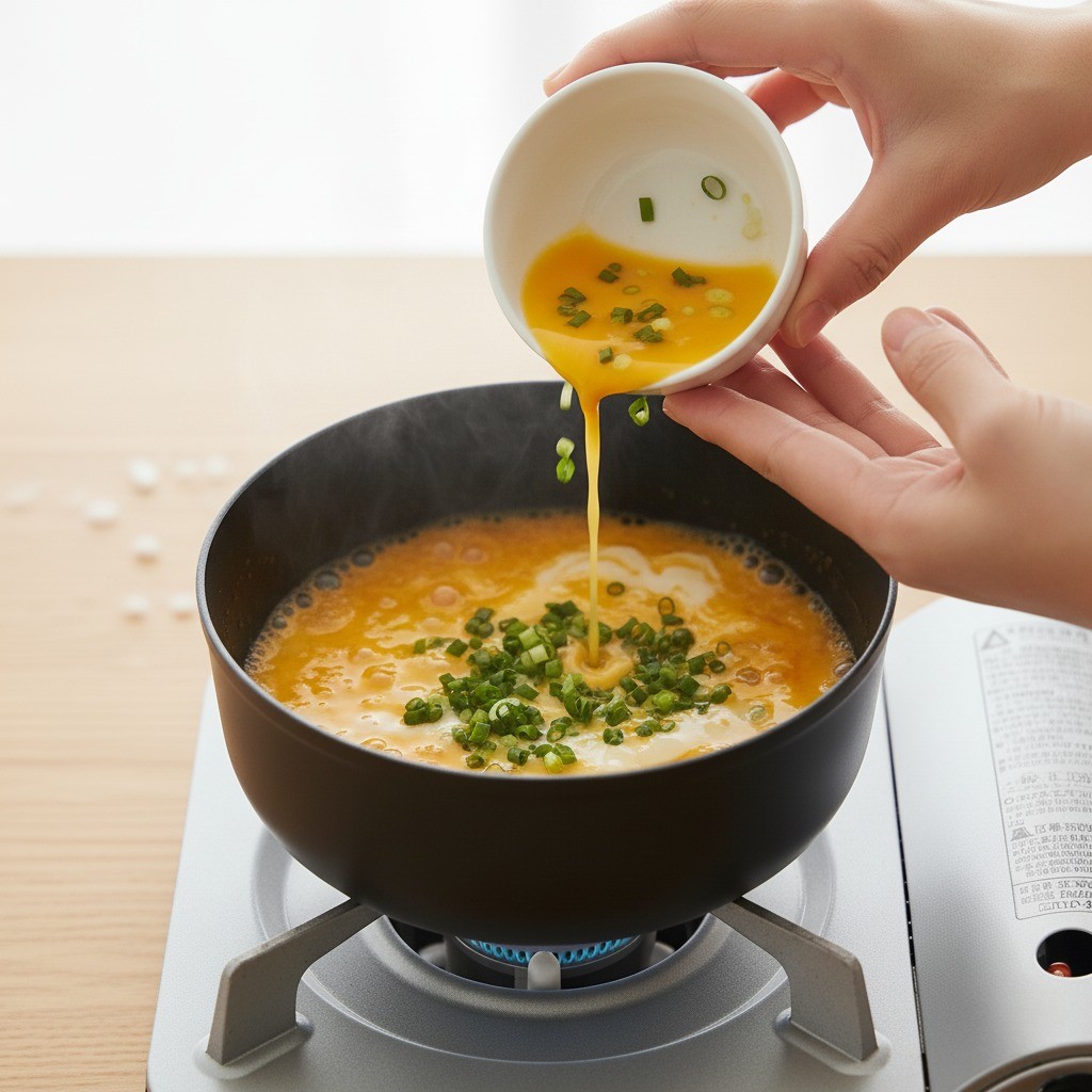 양파 소스 위에 달걀물을 붓고 대파를 뿌린 모습