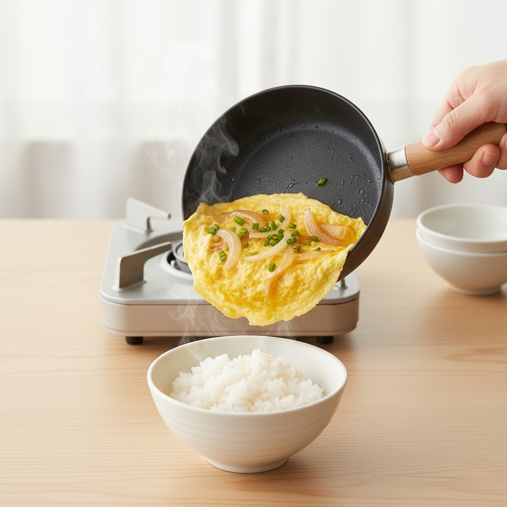 밥 위에 완성된 양파 덮밥 소스를 붓는 모습