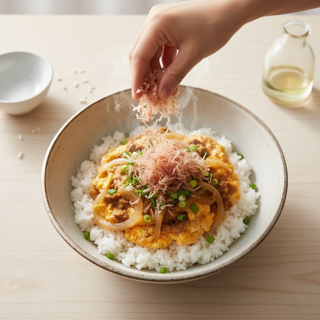 가쓰오부시를 올린 완성된 만능양파 덮밥