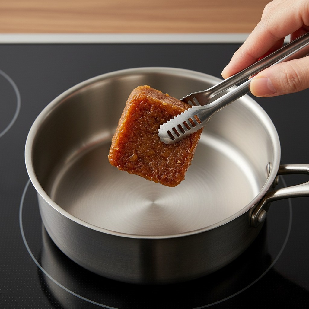 냄비에 만능양파볶음 큐브 1개를 넣는 모습