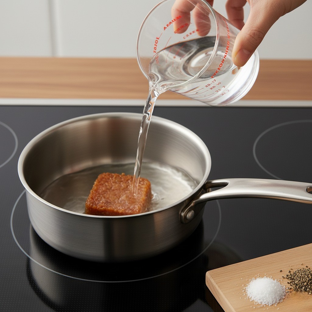 냄비에 물을 붓고 소금과 후추를 뿌리는 모습
