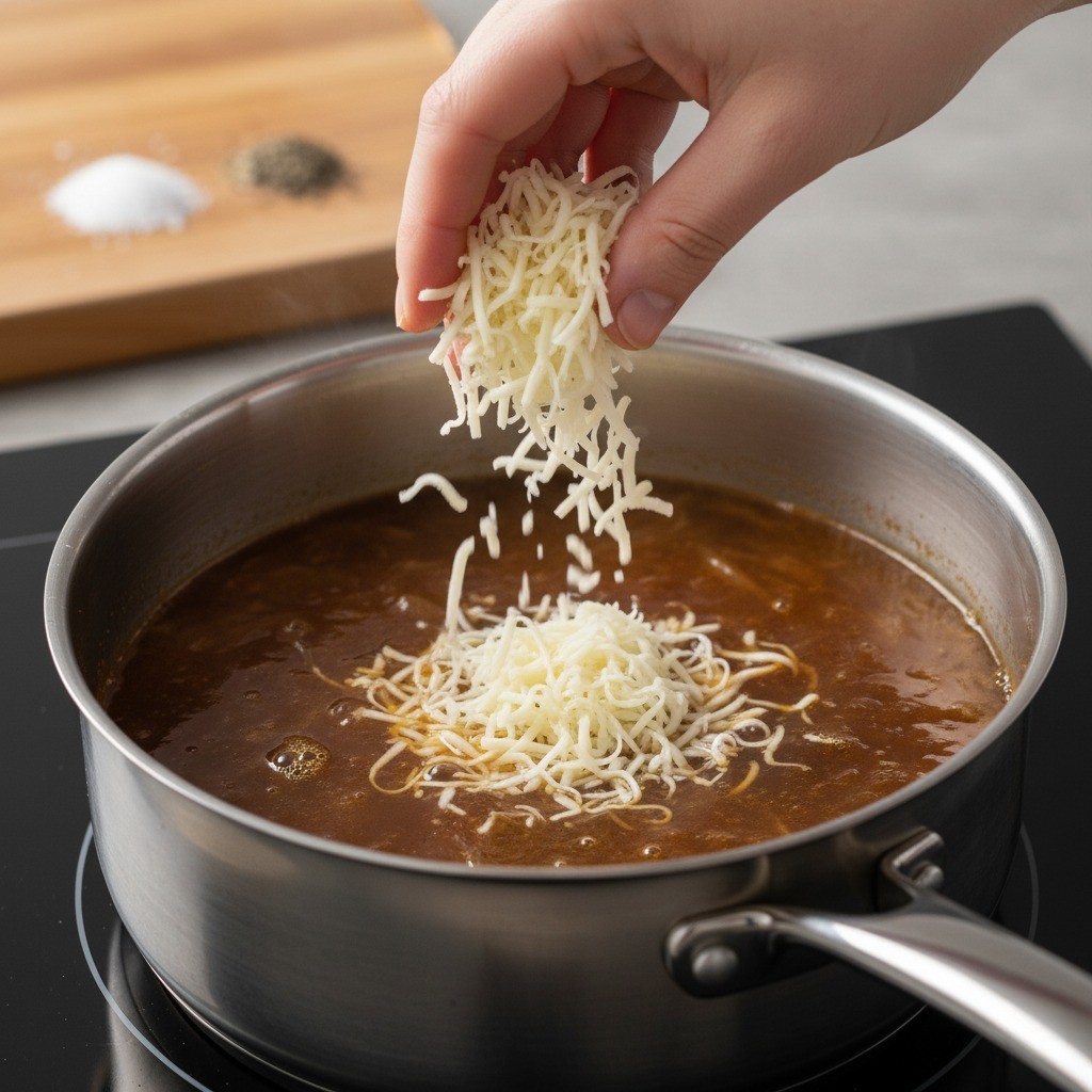 양파스프에 모짜렐라 치즈를 넣어 녹이는 모습