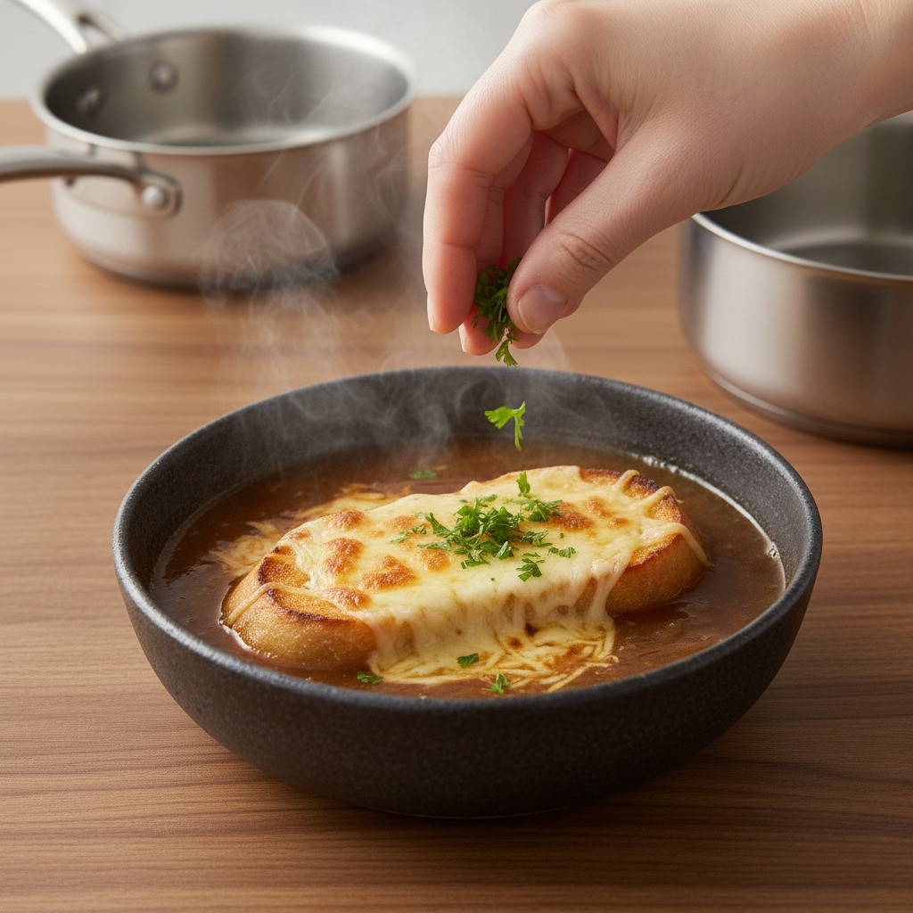 완성된 양파스프에 바게트빵과 파슬리를 올린 모습