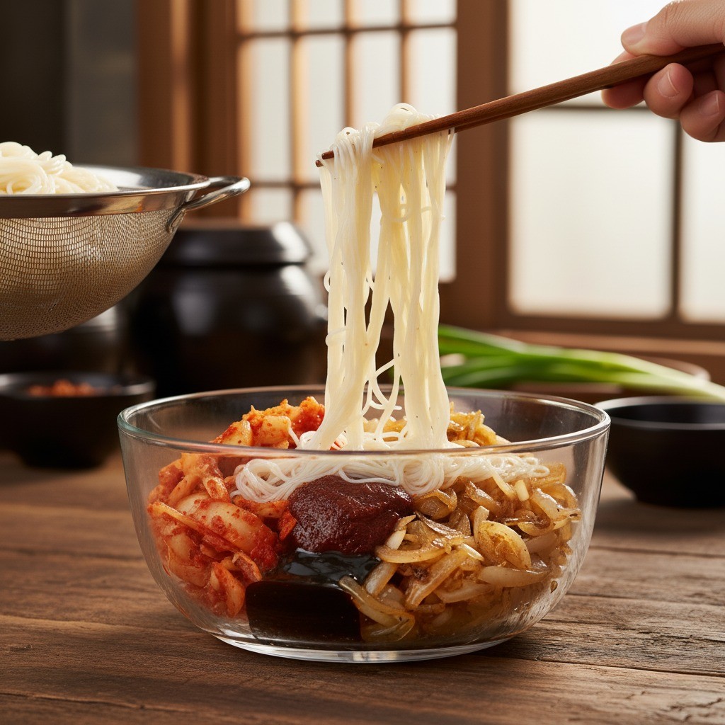 면과 양념 비비기