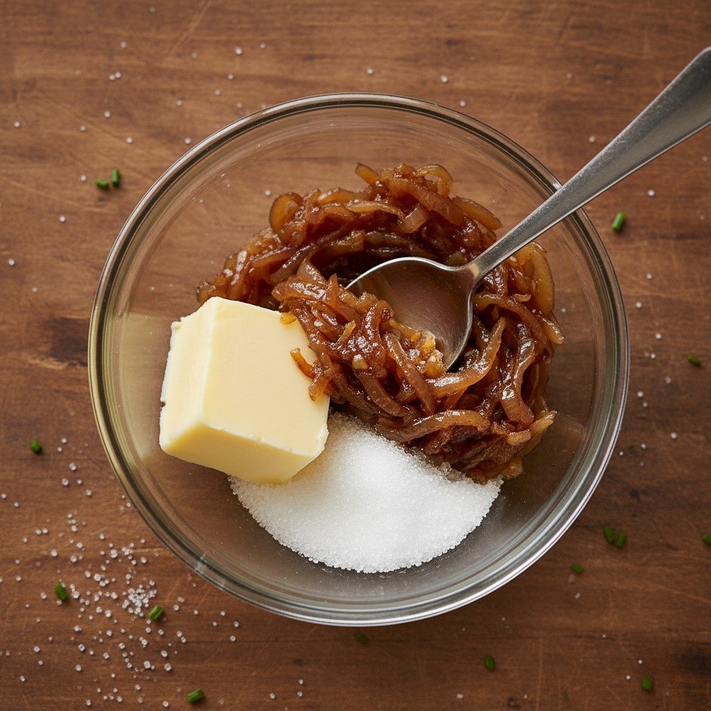 양파, 버터, 설탕을 섞는 모습