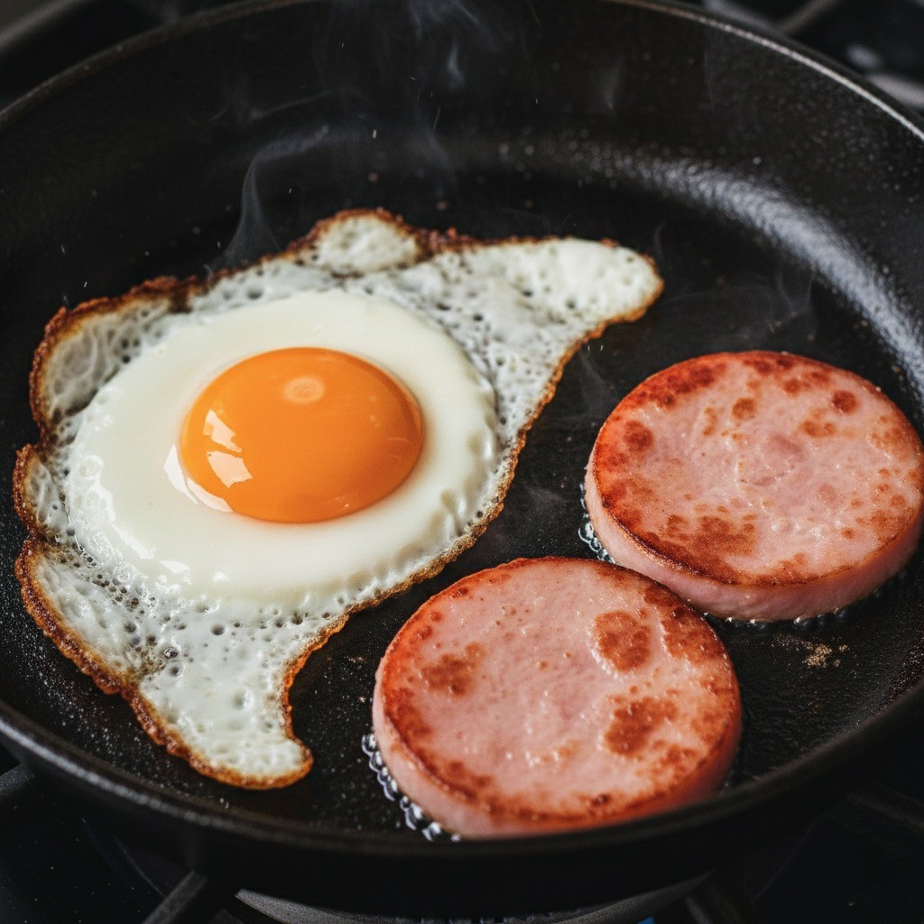 달걀 프라이와 햄을 굽는 모습